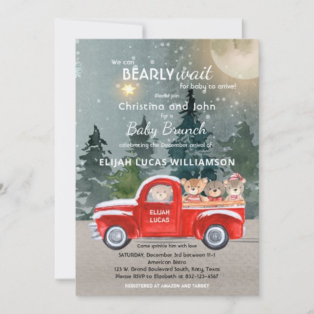 Teddy Bear Red Truck Winter Baby Shower Invitation (Front)