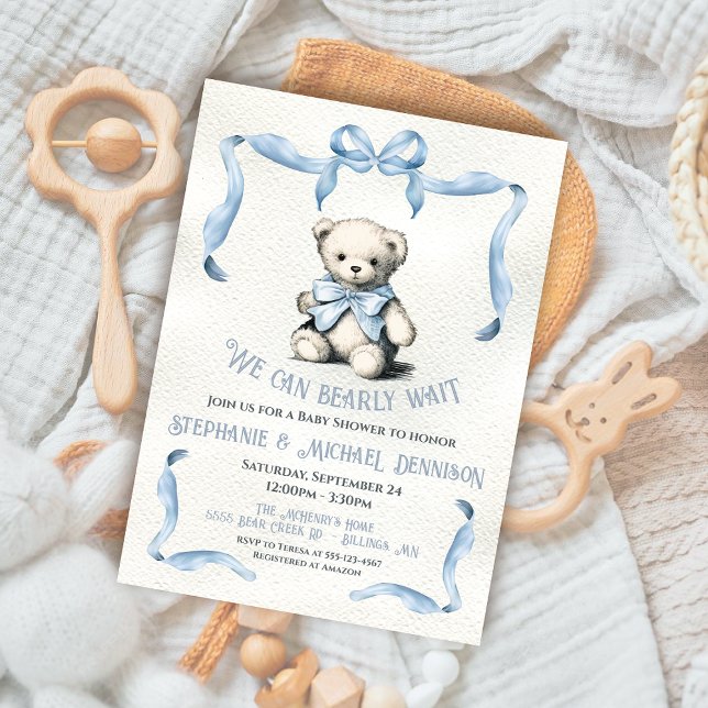 Teddy Bear Ribbon bow watercolor baby shower Invitation (Creator Uploaded)