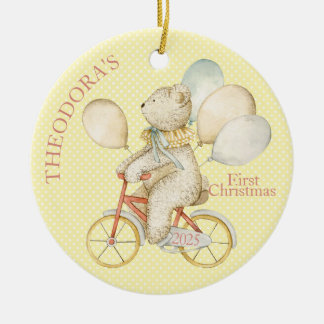 Teddy Bear Ride Bike Baby's First Ceramic Ornament