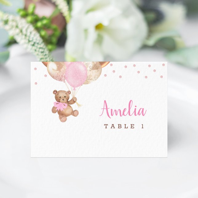 Teddy Bear Rose Balloons Baby Shower Place Card (Teddy Bear Rose Gold Balloons Baby Shower Place Card)