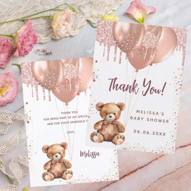 Teddy bear rose gold Baby Shower thank you card (Creator Uploaded)