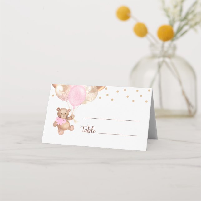 Teddy Bear Rose Gold Balloons Baby Shower Place Card (Front)