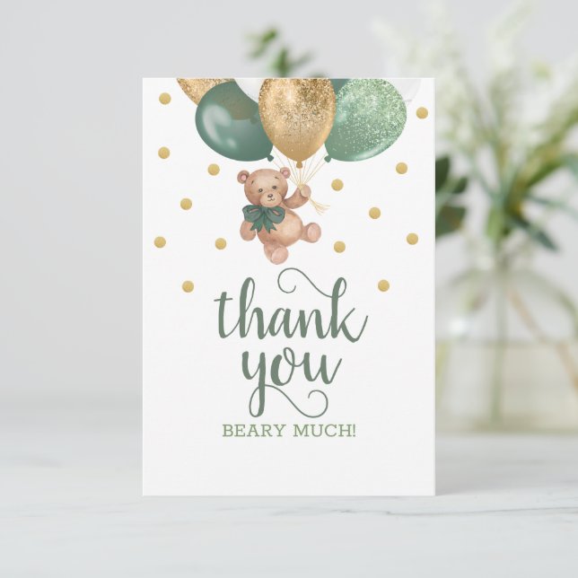 Teddy Bear Sage Green Baby Shower Thank You Card (Standing Front)