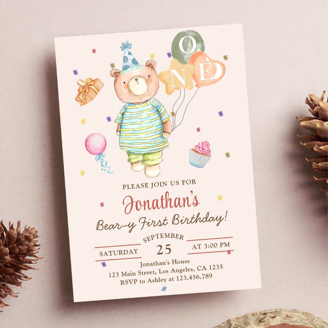Teddy Bear Sage Green Beary First Birthday Invitation (Creator Uploaded)
