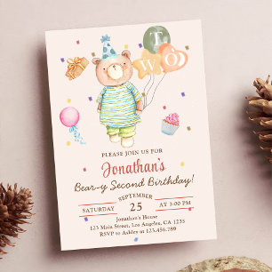 Teddy Bear Sage Green Beary Second Birthday Invitation