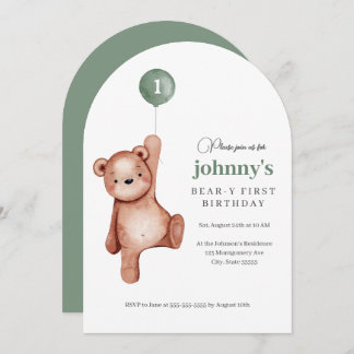 Teddy Bear Sage Green First Birthday Party Invitation