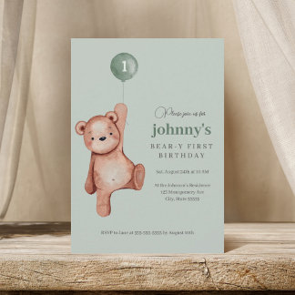 Teddy Bear Sage Green First Birthday Party Invitation