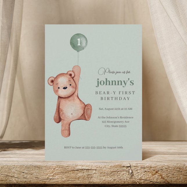 Teddy Bear Sage Green First Birthday Party Invitation (Creator Uploaded)