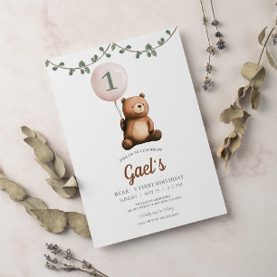 Teddy Bear Sage Green First Birthday Party Invitation
