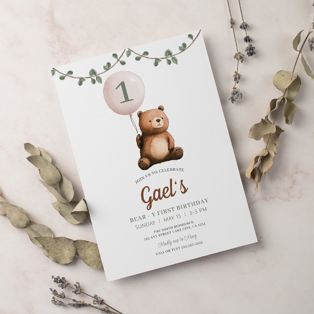 Teddy Bear Sage Green First Birthday Party Invitation (Creator Uploaded)