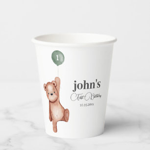 Teddy Bear Sage Green First Birthday Party Paper Cups