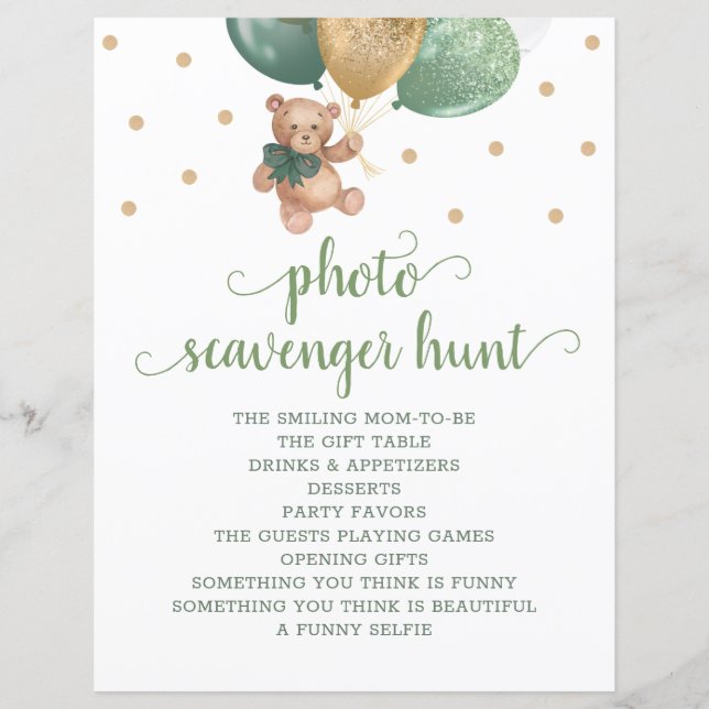 Teddy Bear Sage Green Photo Scavenger Hunt Game (Front)