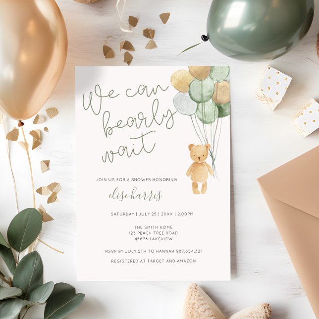 Teddy Bear Sage Green Tan Balloons Baby Shower Invitation (Creator Uploaded)