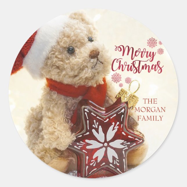 Teddy Bear,Santa Hat,Christmas Ornament Classic Round Sticker (Front)