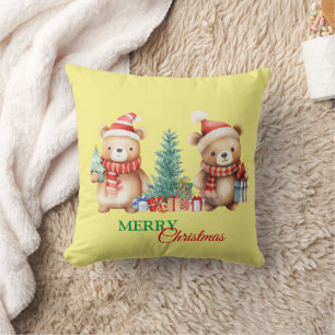 Teddy Bear Santa Red Green Merry Christmas Party Cushion