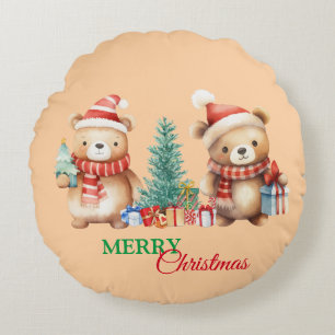 Teddy Bear Santa Red Green Merry Christmas Party Round Cushion