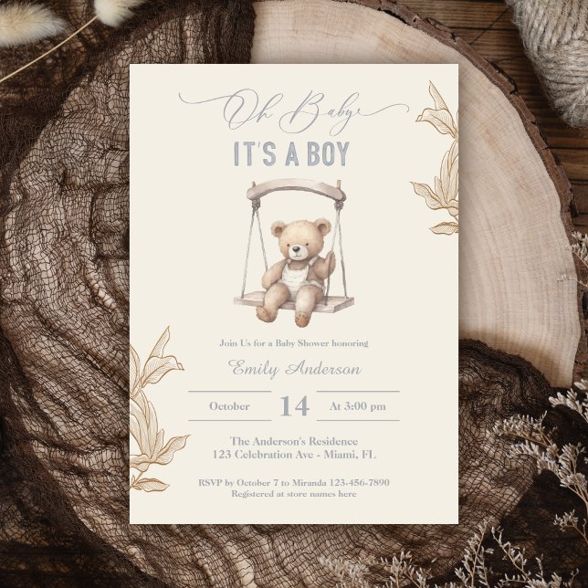 Teddy Bear Script Boho Baby Shower Boy Invitation (Creator Uploaded)