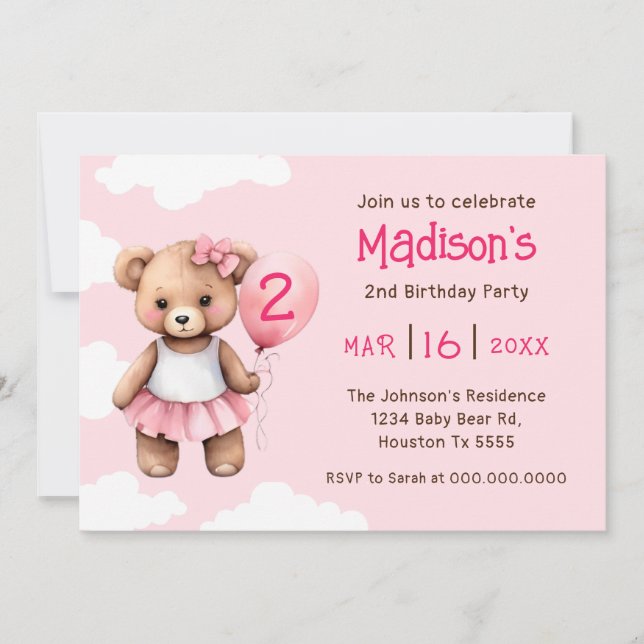 Teddy Bear Second Birthday Invitation (Front)
