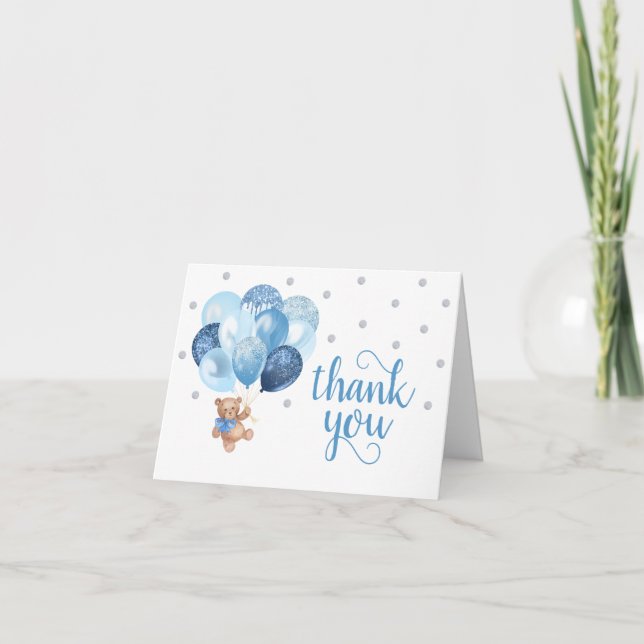 Teddy Bear Silver Ballons Baby Shower Thank You Card (Front)