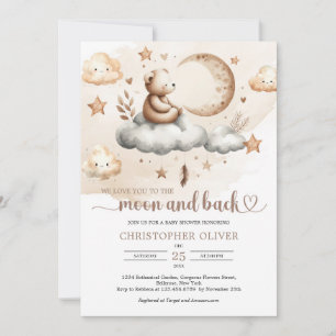 Teddy bear sitting on a cloud neutral colours invitation