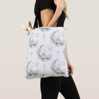 TEDDY BEAR SITTING ON HALF MOON TOTE BAG