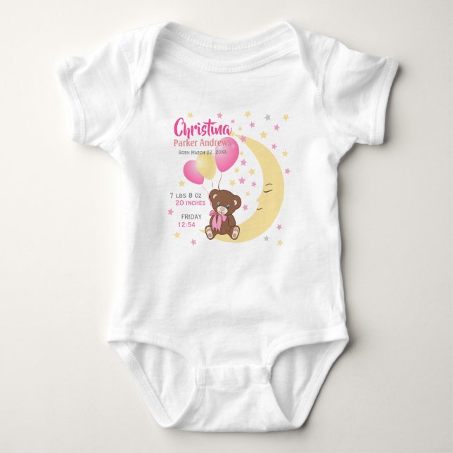 Teddy Bear Sitting on the Moon Baby Birth Stats Baby Bodysuit (Front)