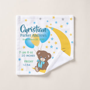 Teddy Bear Sitting on the Moon Baby Birth Stats Bath Towel Set