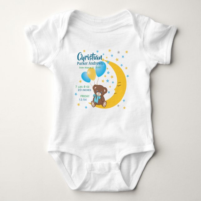 Teddy Bear Sitting on the Moon Baby Birth Stats Bodysuit (Front)