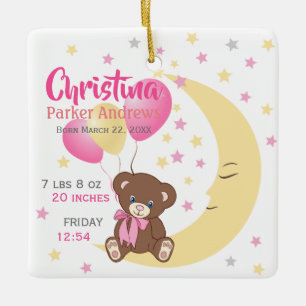 Teddy Bear Sitting on the Moon Baby Birth Stats Ceramic Ornament