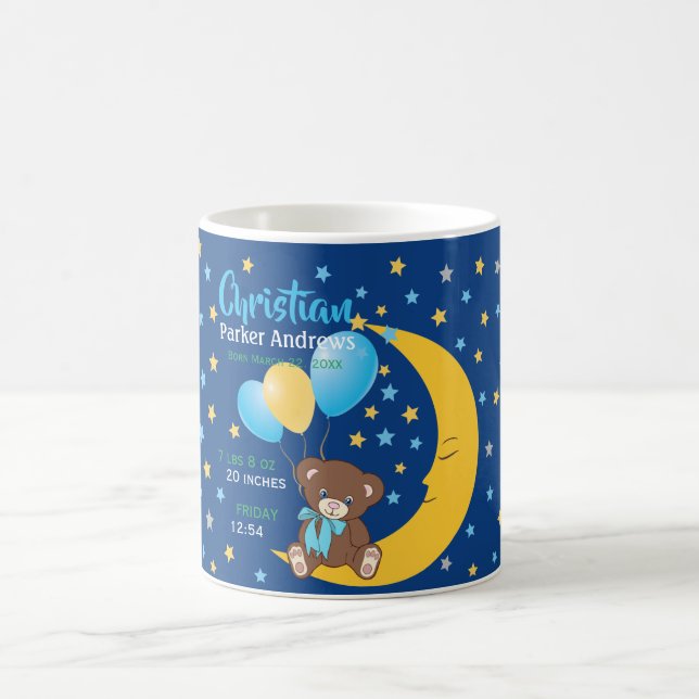 Teddy Bear Sitting on the Moon Baby Birth Stats Coffee Mug (Center)