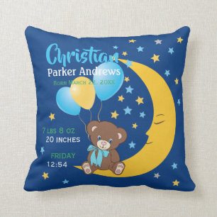 Teddy Bear Sitting on the Moon Baby Birth Stats Cushion