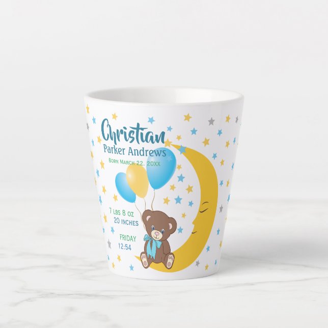 Teddy Bear Sitting on the Moon Baby Birth Stats Latte Mug (Front)