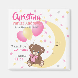 Teddy Bear Sitting on the Moon Baby Birth Stats Magnet
