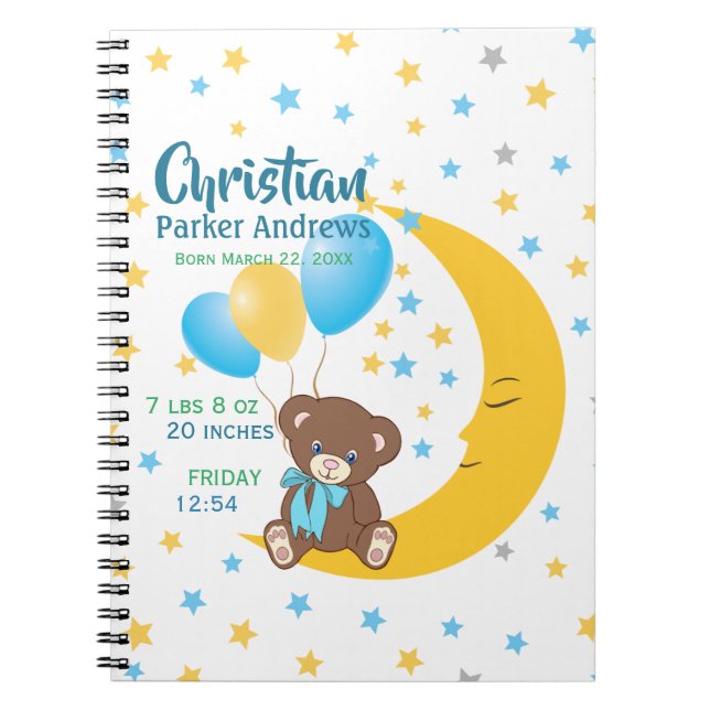 Teddy Bear Sitting on the Moon Baby Birth Stats Notebook (Front)