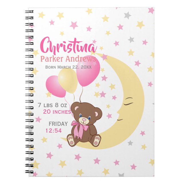 Teddy Bear Sitting on the Moon Baby Birth Stats Notebook (Front)