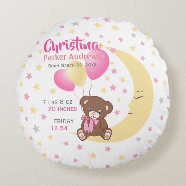 Teddy Bear Sitting on the Moon Baby Birth Stats Round Cushion (Front)