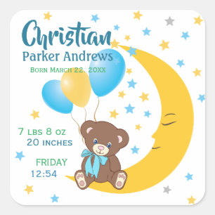 Teddy Bear Sitting on the Moon Baby Birth Stats Square Sticker