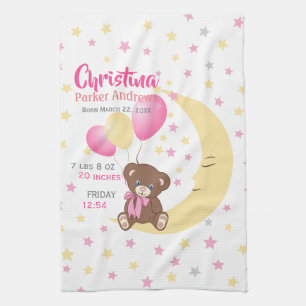 Teddy Bear Sitting on the Moon Baby Birth Stats Tea Towel