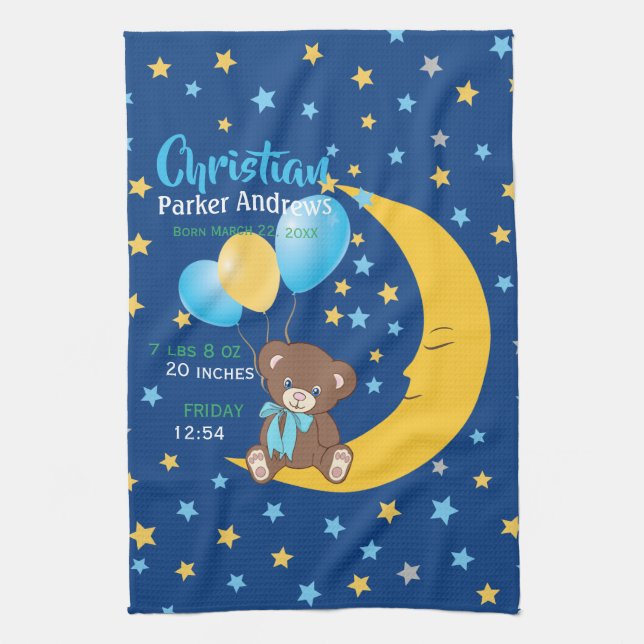 Teddy Bear Sitting on the Moon Baby Birth Stats Tea Towel (Vertical)