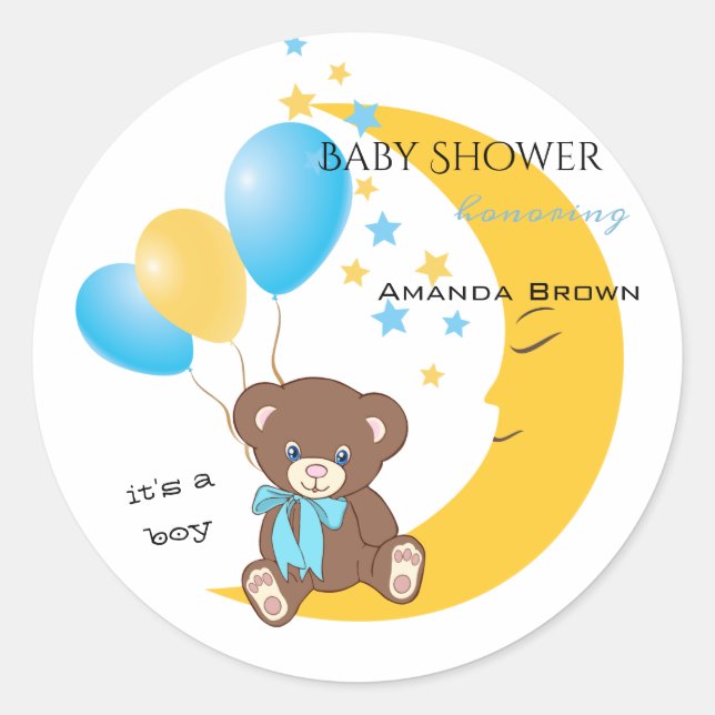Teddy Bear Sitting on the Moon | Baby Boy Shower Classic Round Sticker (Front)