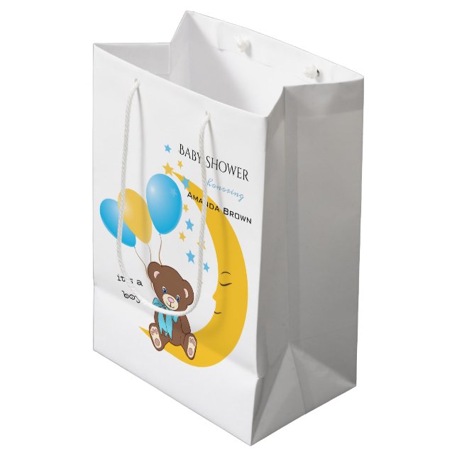 Teddy Bear Sitting on the Moon | Baby Boy Shower Medium Gift Bag (Front Angled)