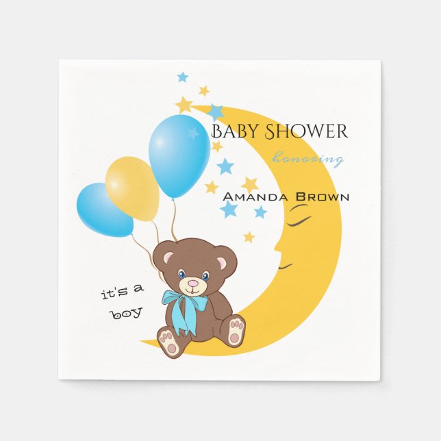 Teddy Bear Sitting on the Moon | Baby Boy Shower Napkin (Front)