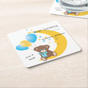 Teddy Bear Sitting on the Moon Baby Boy Shower Square Paper Coaster