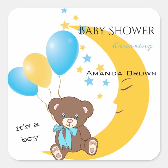 Teddy Bear Sitting on the Moon | Baby Boy Shower Square Sticker (Front)