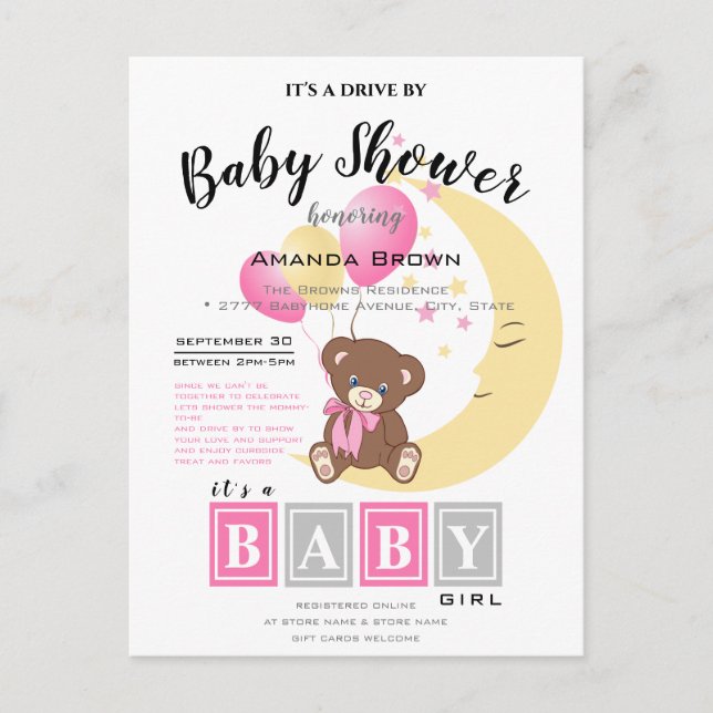 Teddy Bear Sitting on the Moon | Baby Girl Shower Invitation Postcard (Front)