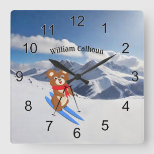 Teddy Bear Skier on snowy mountains Square Wall Clock