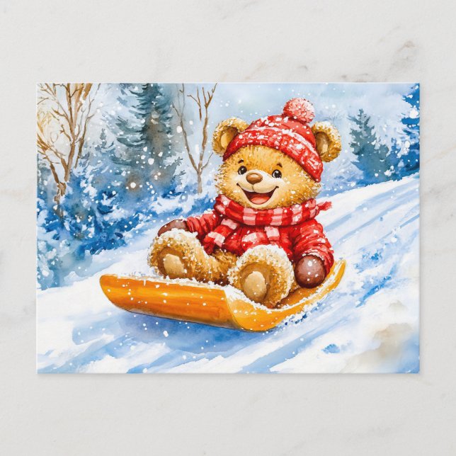 Teddy Bear Sledding Downhill in Winter Postcard (Front)