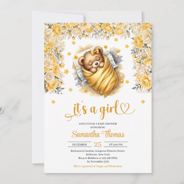Teddy bear sleeping yellow flower girl baby shower invitation (Front)