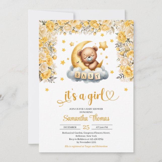 Teddy bear sleeping yellow flower girl baby shower invitation (Front)