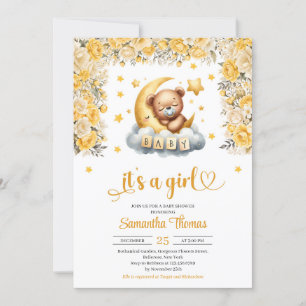 Teddy bear sleeping yellow flower girl baby shower invitation